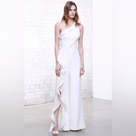 Jonathan Simkhai Diamond Mesh One Shoulder Jumpsuit in White Size 10 - Picture 2 of 16